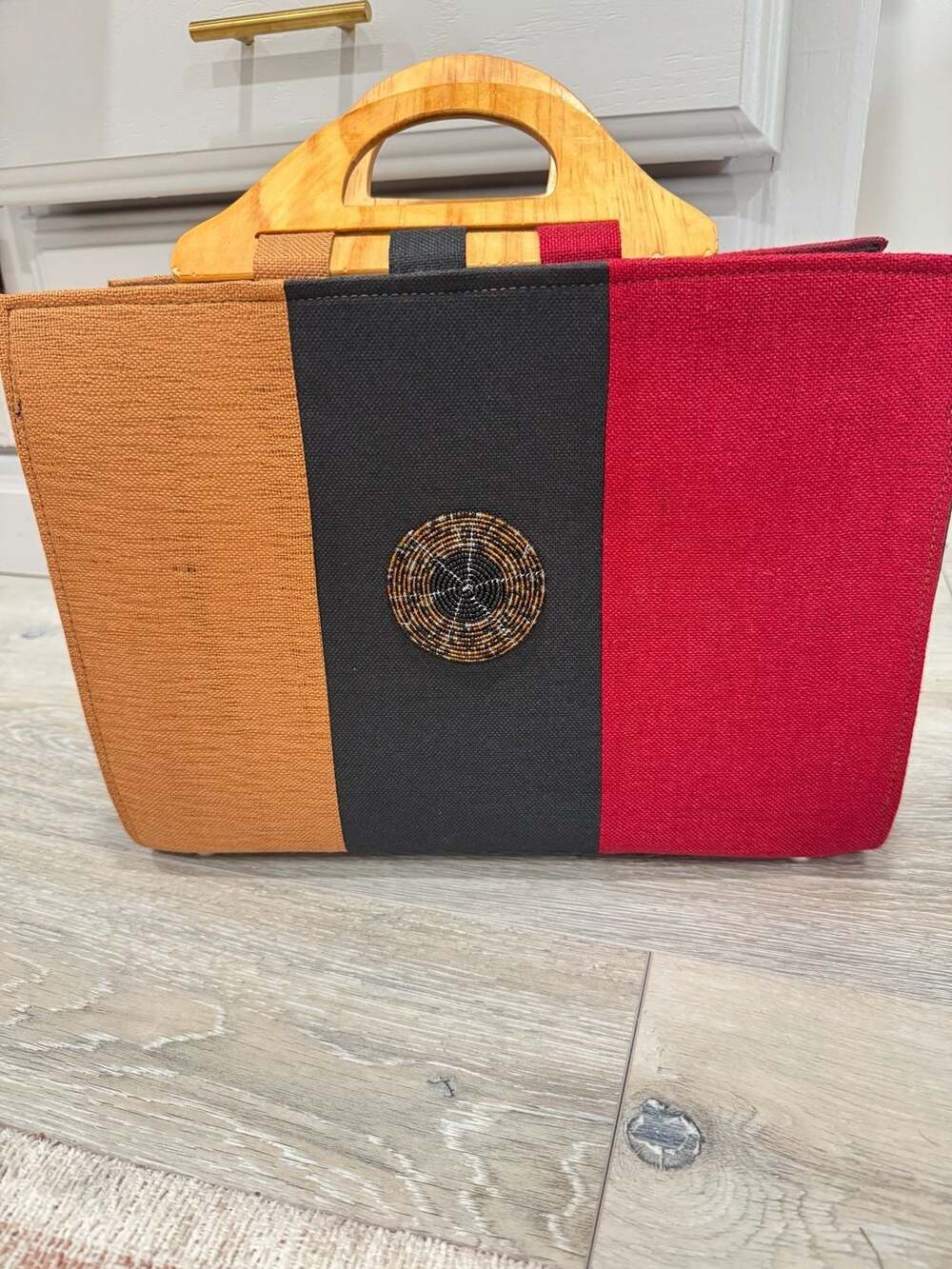 Y2K Boho Wood Handle Handbag Colorblock Beaded Statement Purse Artisan Chic